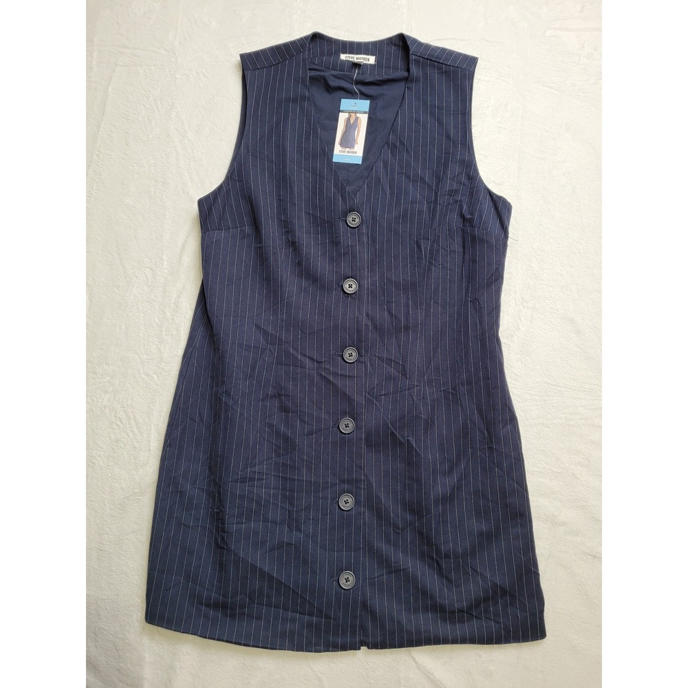 NWT Steve Madden Pinstripe Dress Women L Navy Button Front V-Neck Mini Shift